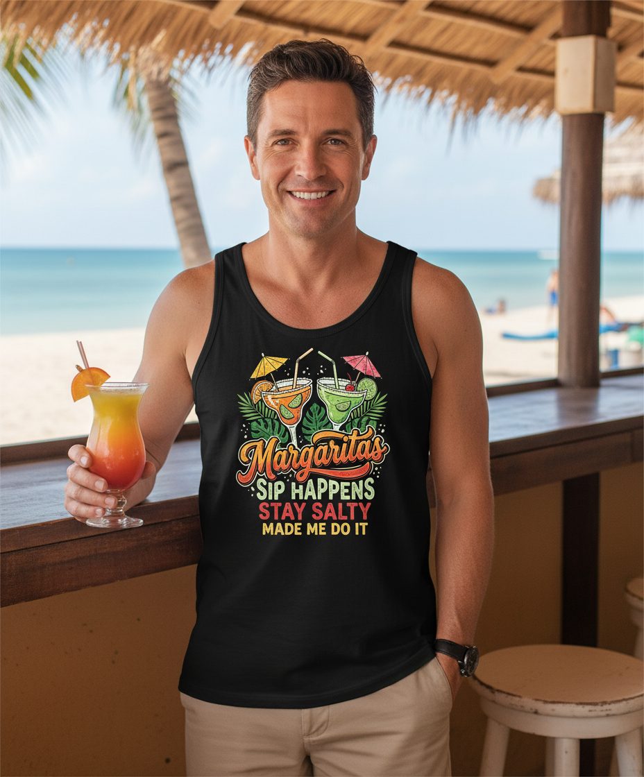 Margaritas Sip Happens Stay Salty Made Me Do It Tank Top - lifestyle model mockup - Black