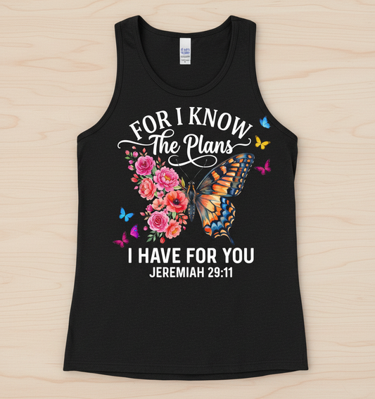 Jeremiah 29:11 For I Know The Plans Butterfly Floral Christian Verse Tank Top - Black