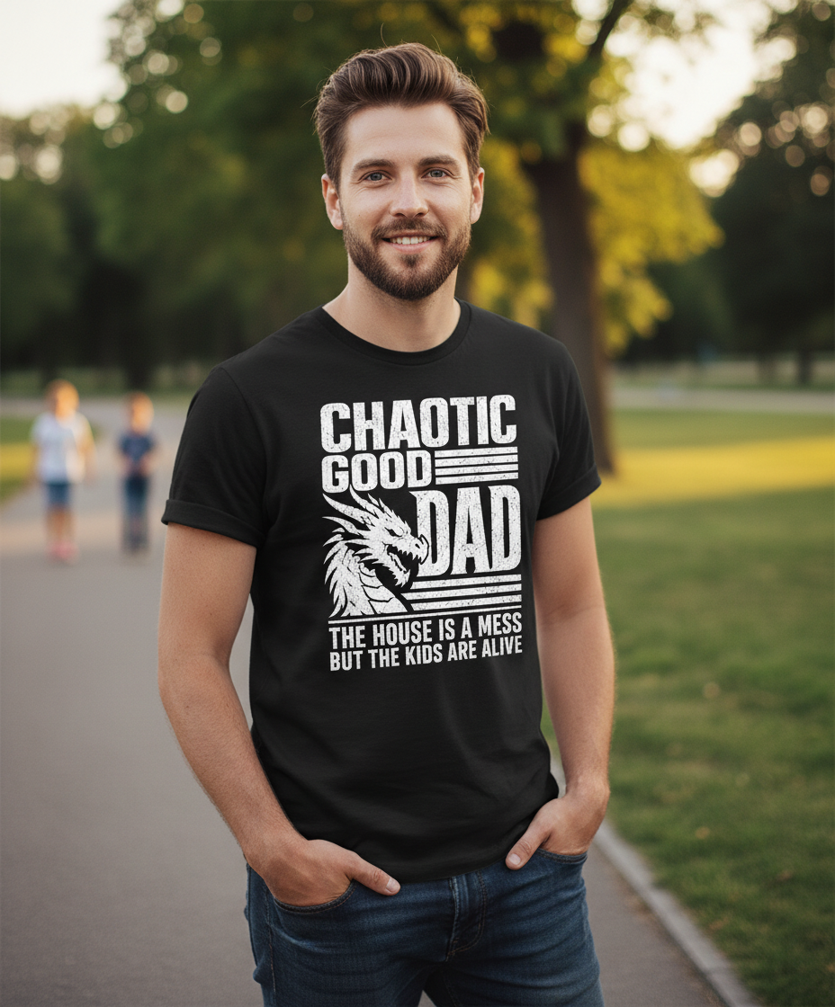 CHAOTIC GOOD DAD THE HOUSE IS A MESS BUT THE KIDS ARE ALIVE Funny Chaotic Good Dad Dragon T-Shirt - lifestyle model mockup - Black