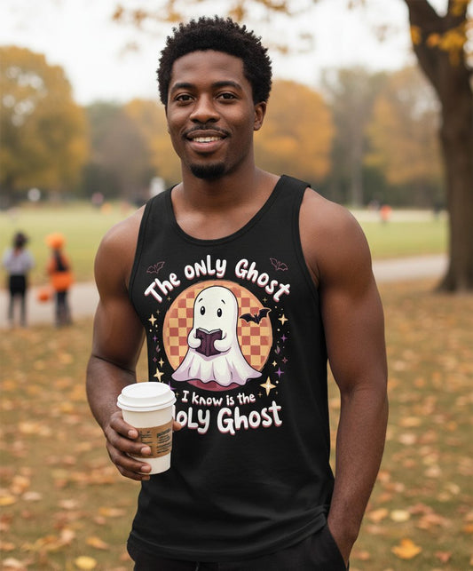 The Only Ghost I Know Is the Holy Ghost christian Halloween Tank Top Black lifestyle mockup