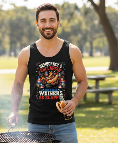 Democracy's Collapsin' but These Weiners Be Slappin' Tank Top - lifestyle model mockup - Black
