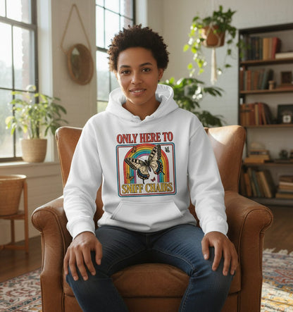 ONLY HERE TO SNIFF CHAIRS Funny Sarcastic Humor Hoodie - lifestyle model mockup - White