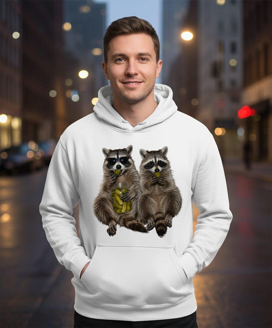 Raccoons Eating Pickles Funny Animal Lovers Hoodie - lifestyle model mockup - White