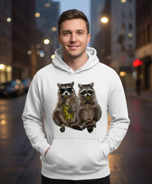 Raccoons Eating Pickles Funny Animal Lovers Hoodie - lifestyle model mockup - White