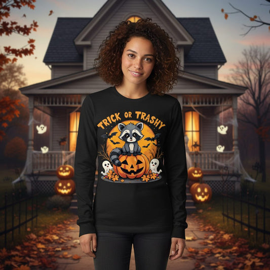 Trick or Trashy raccoon Long Sleeve Tee Black lifestyle mockup