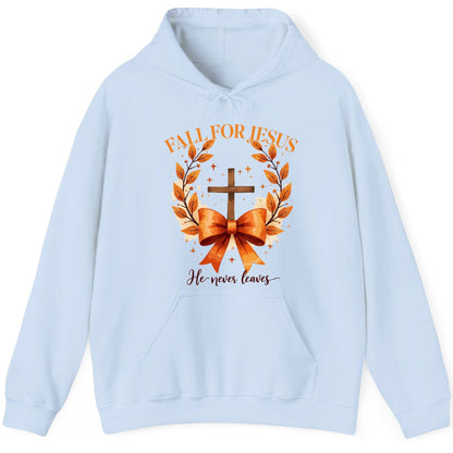 Fall for Jesus He Never Leaves christian faith Hoodie Light Blue product mockup
