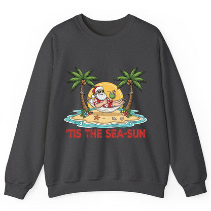 'Tis the Sea-Sun santa claus on a tropical vacation Sweatshirt Dark Heather product mockup