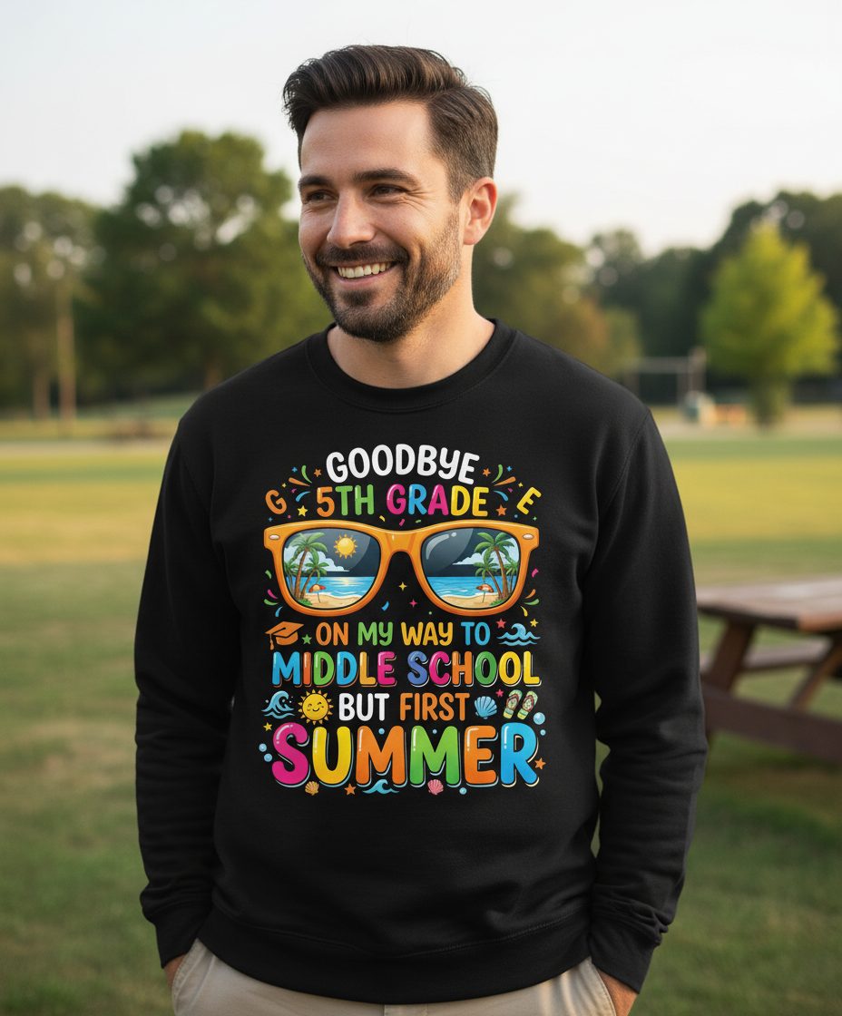 Goodbye 5th Grade on My Way to Middle School but First Sweatshirt - lifestyle model mockup - Black