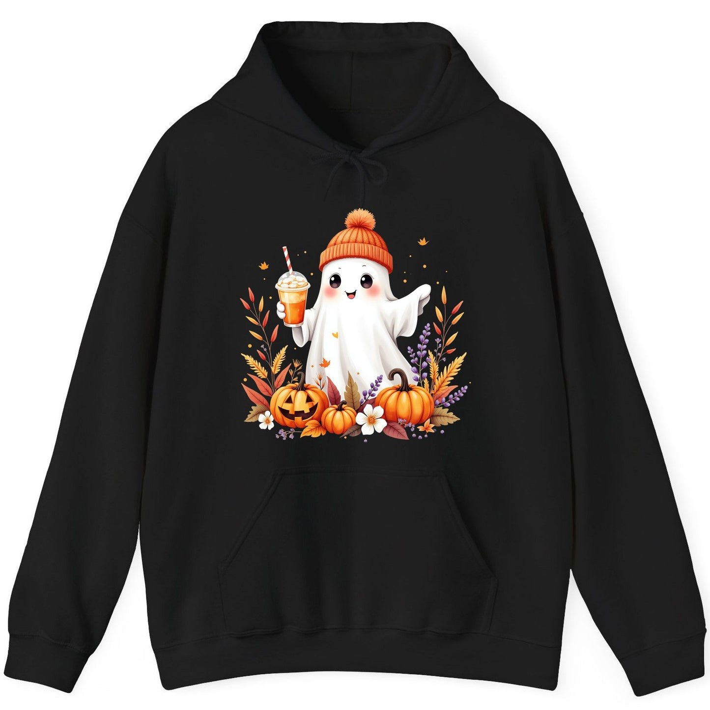 Cute Ghost Pumpkin Spice Latte cute Halloween ghost Hoodie Black product mockup