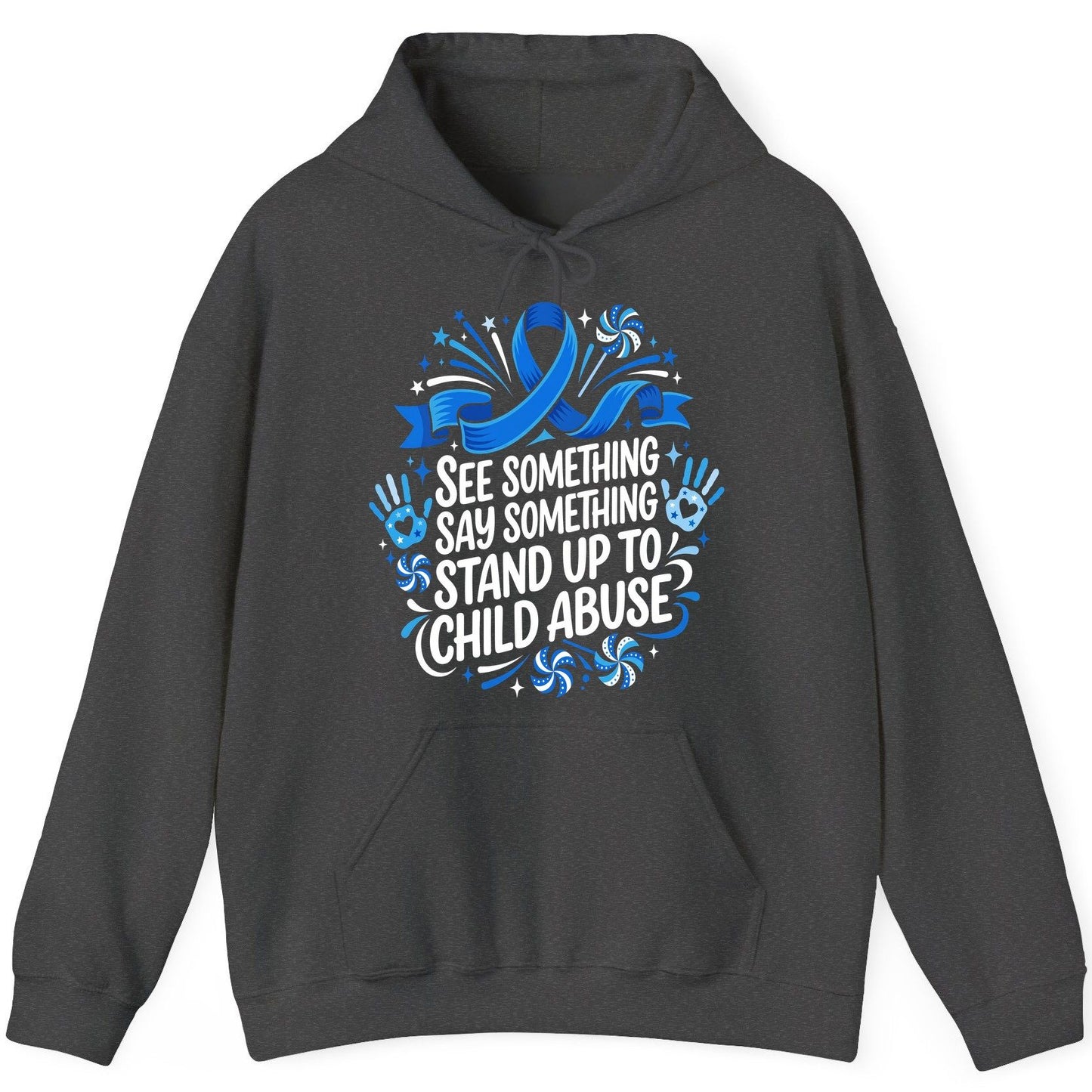 See Something Say Something Stand Up to Child Abuse Prevention Hoodie - product mockup - Dark Heather