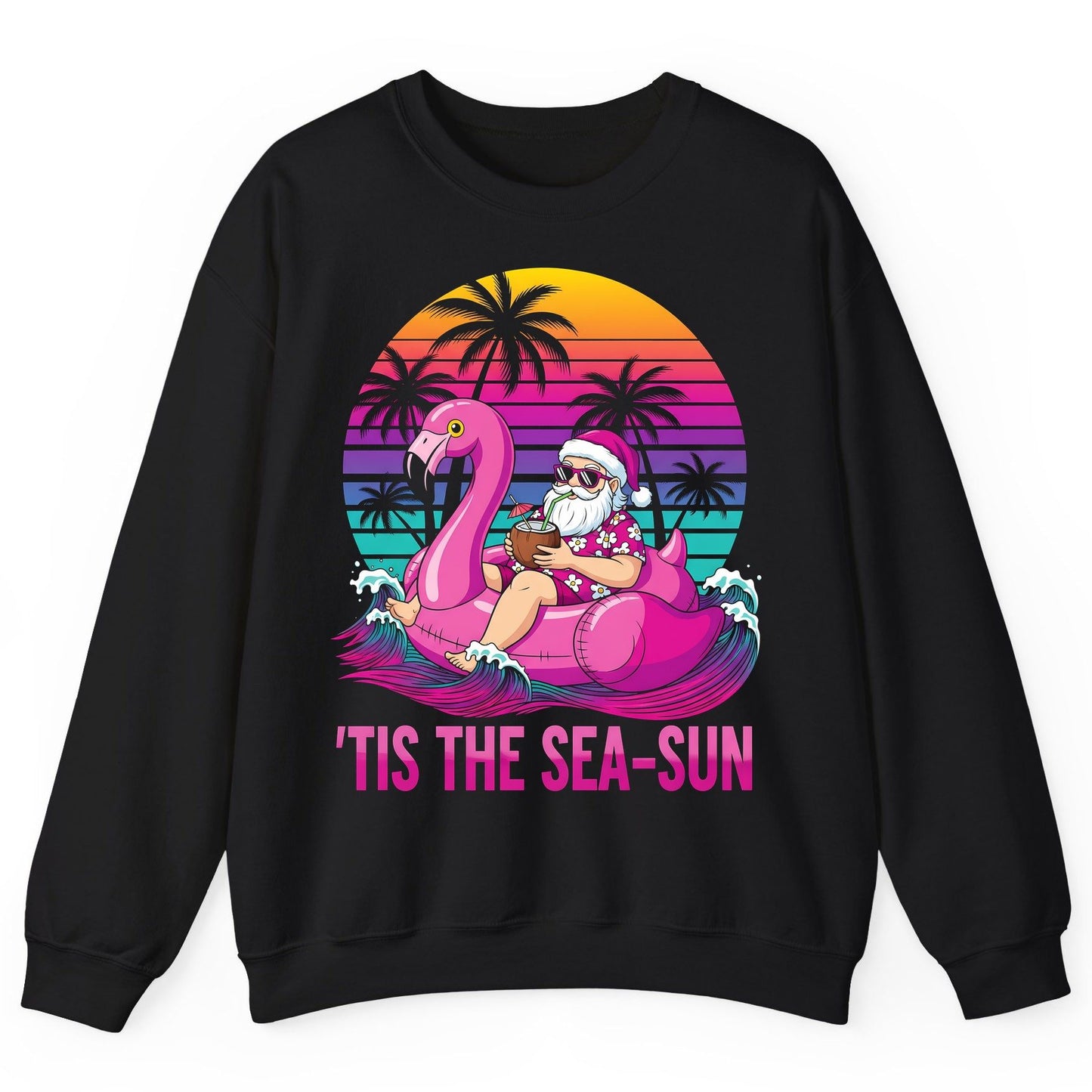 'Tis the Sea-Sun tropical santa claus Sweatshirt Black product mockup