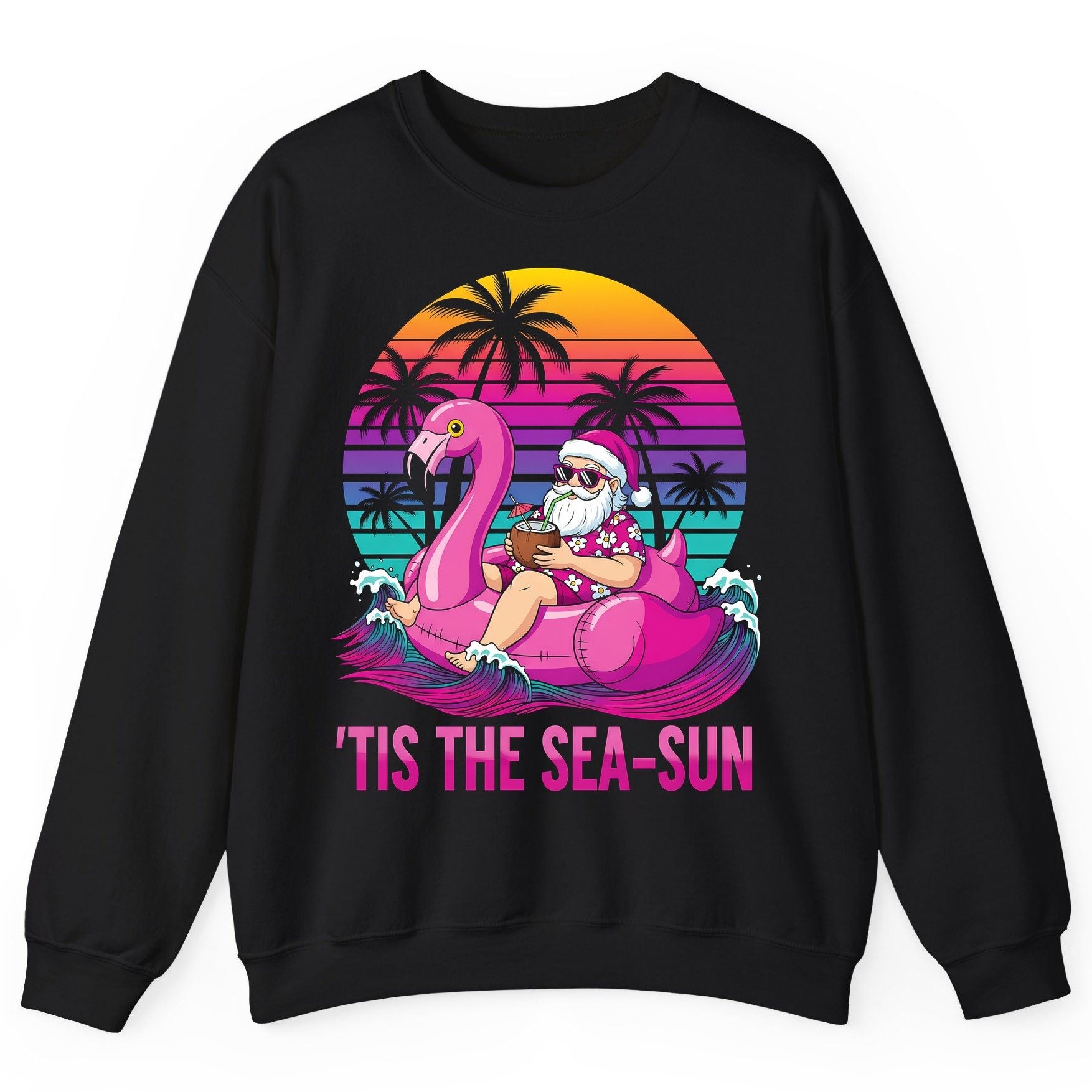 'Tis the Sea-Sun tropical santa claus Sweatshirt Black product mockup