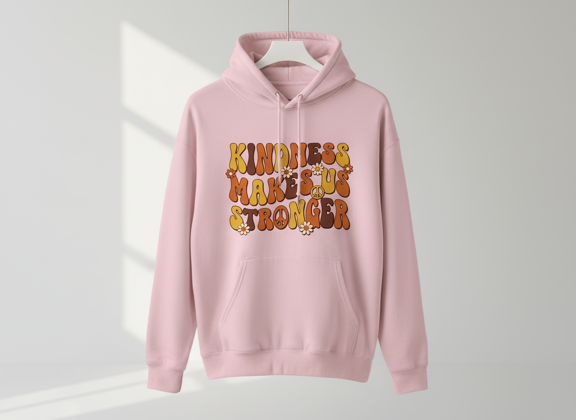 Kindness Makes Us Stronger Groovy 70s Retro Design Hoodie - Light Pink