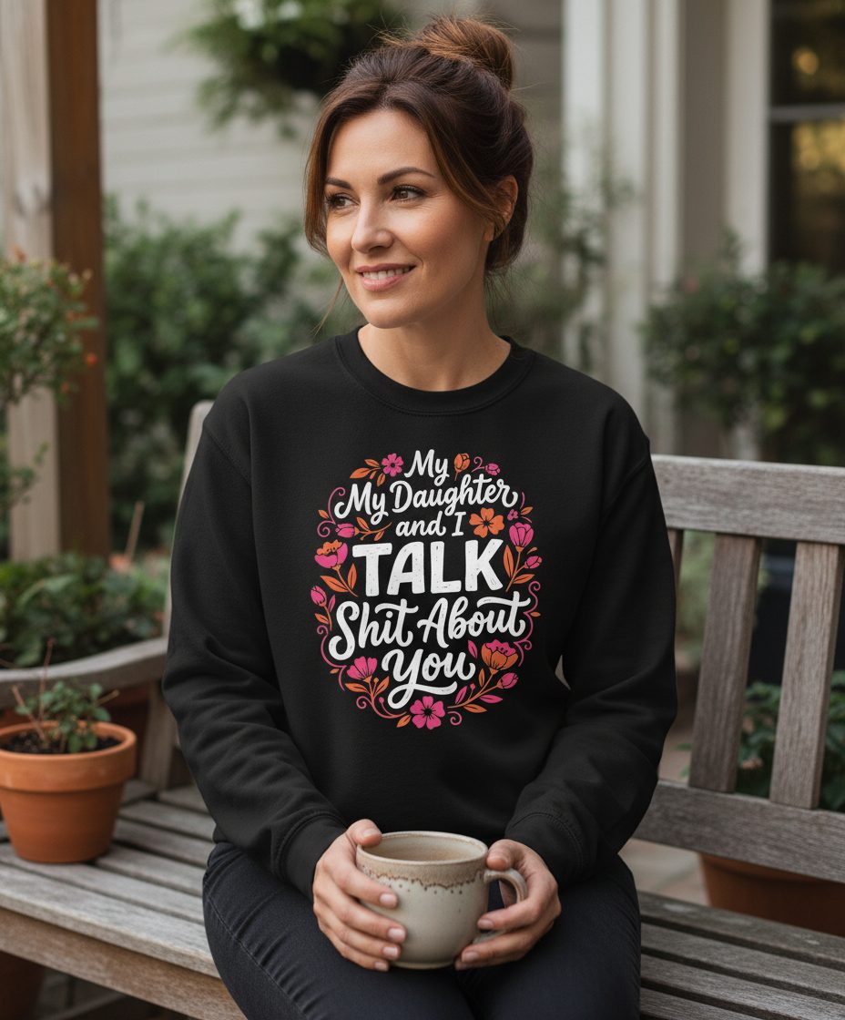 My Daughter and I TALK Shit About You Funny Mother Sweatshirt - lifestyle model mockup - Black