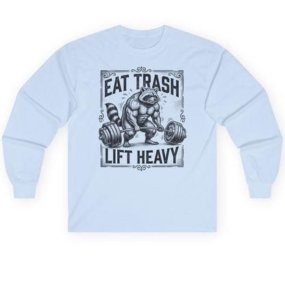 Eat Trash Lift Heavy raccoon Long Sleeve Tee Light Blue product mockup