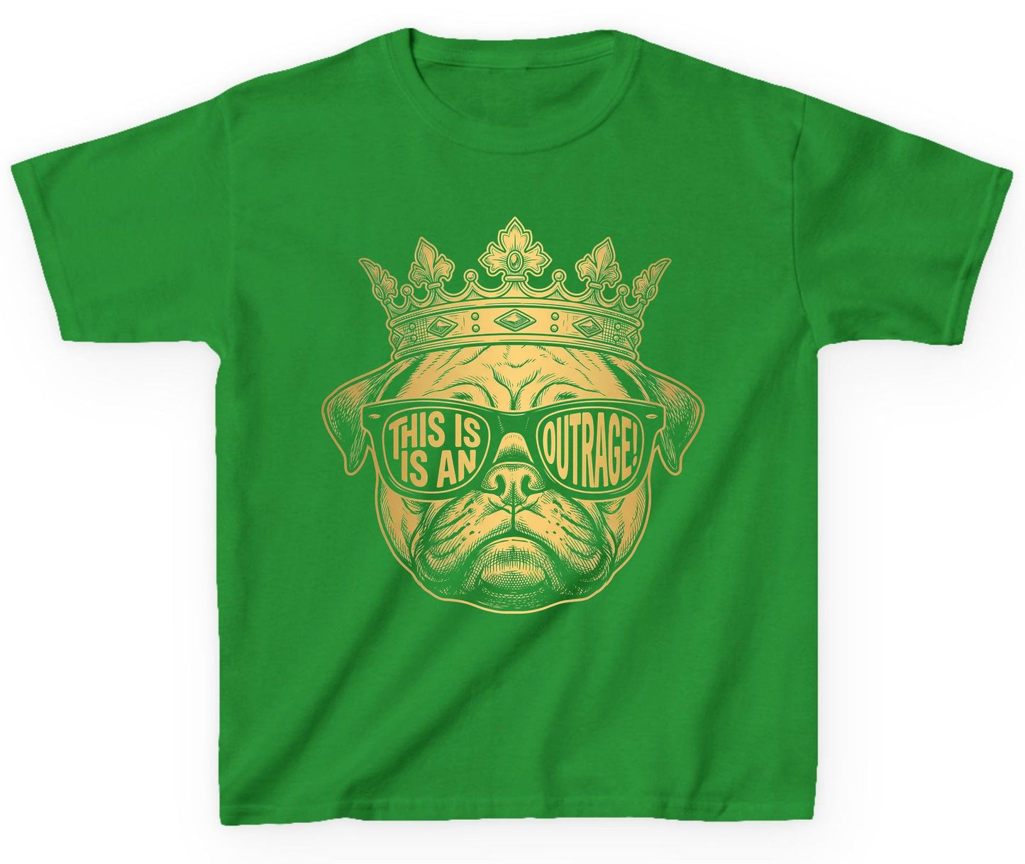 This Is An Outrage! Pug Youth T-Shirt Irish Green product mockup