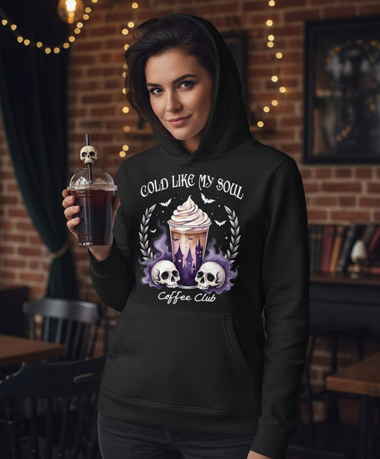 Cold Like My Soul Coffee Club gothic iced coffee Hoodie Black lifestyle mockup