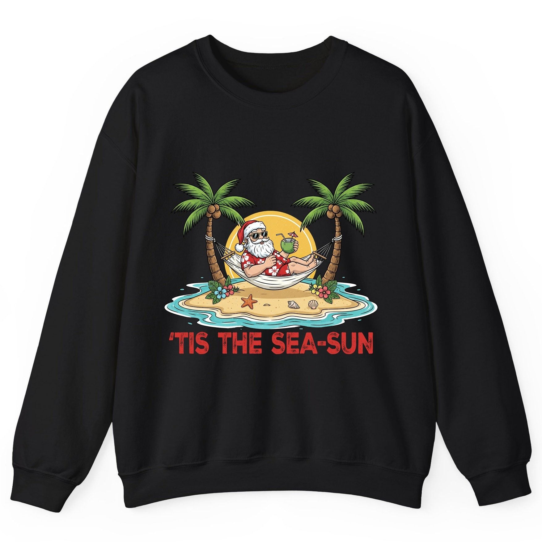 'Tis the Sea-Sun santa claus on a tropical vacation Sweatshirt Black product mockup