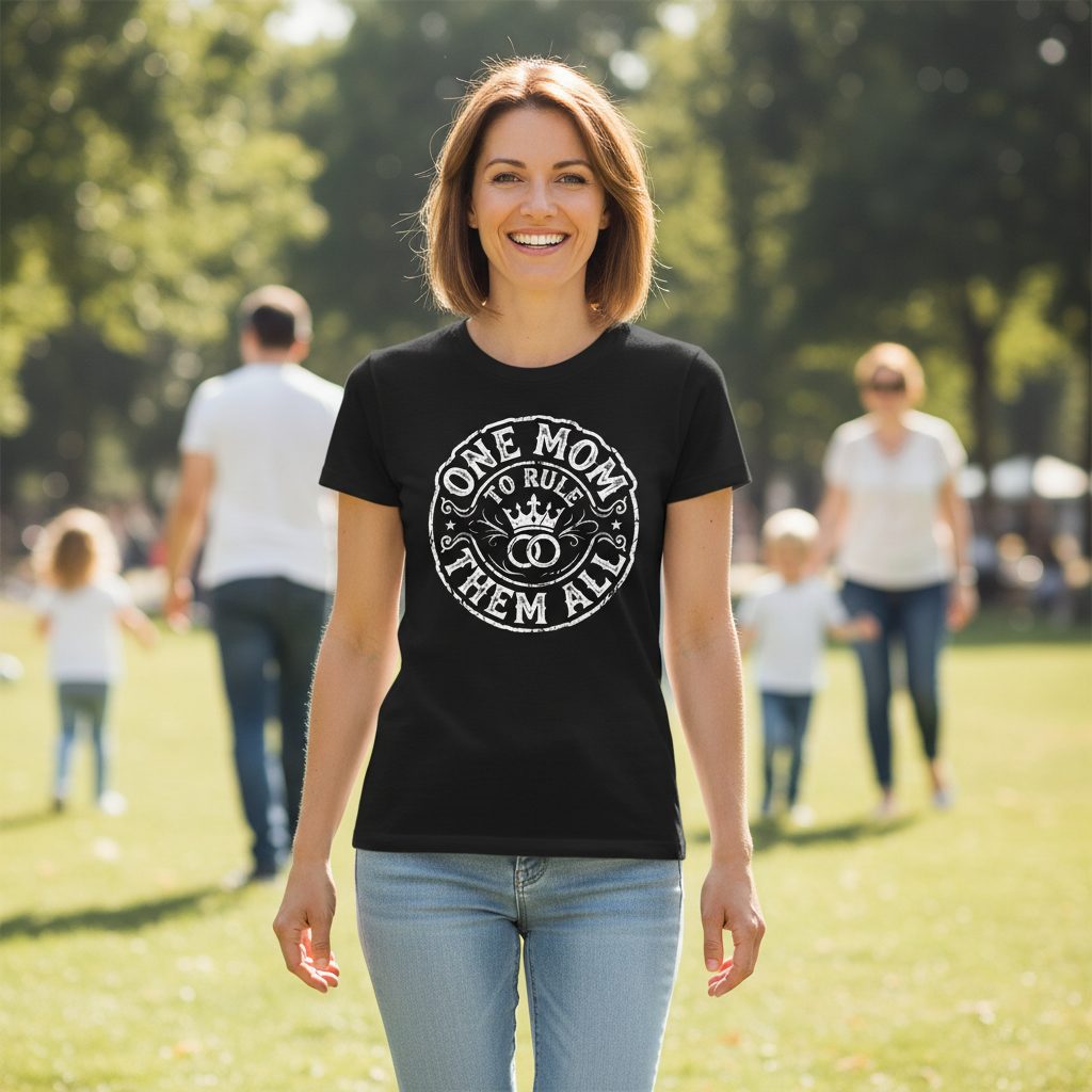 One Mom to Rule Them All Funny Moms T-Shirt - lifestyle model mockup - Black