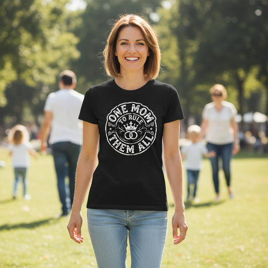 One Mom to Rule Them All Funny Moms T-Shirt - lifestyle model mockup - Black