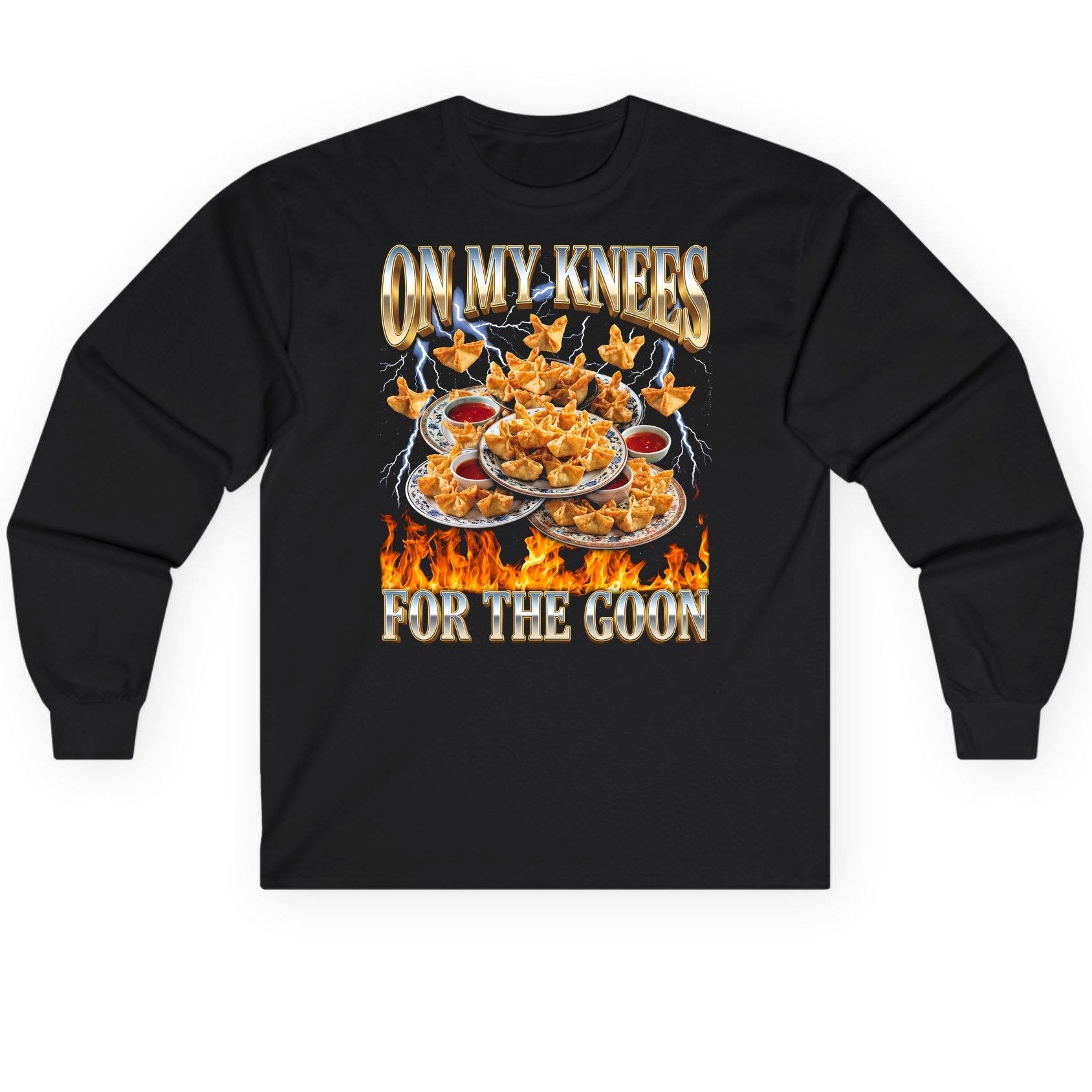 On My Knees for the Goon crab rangoon Long Sleeve Tee Black product mockup