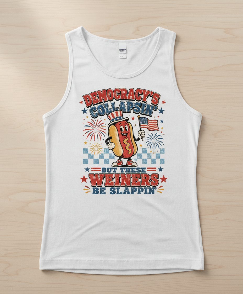 Democracy's Collapsin' but These Weiners Be Slappin' Tank Top - product mockup - White