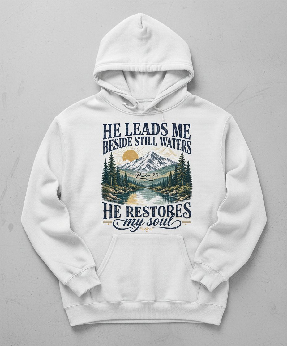 He Leads Me Beside Still Waters He Restores My Soul Hoodie - product mockup - White
