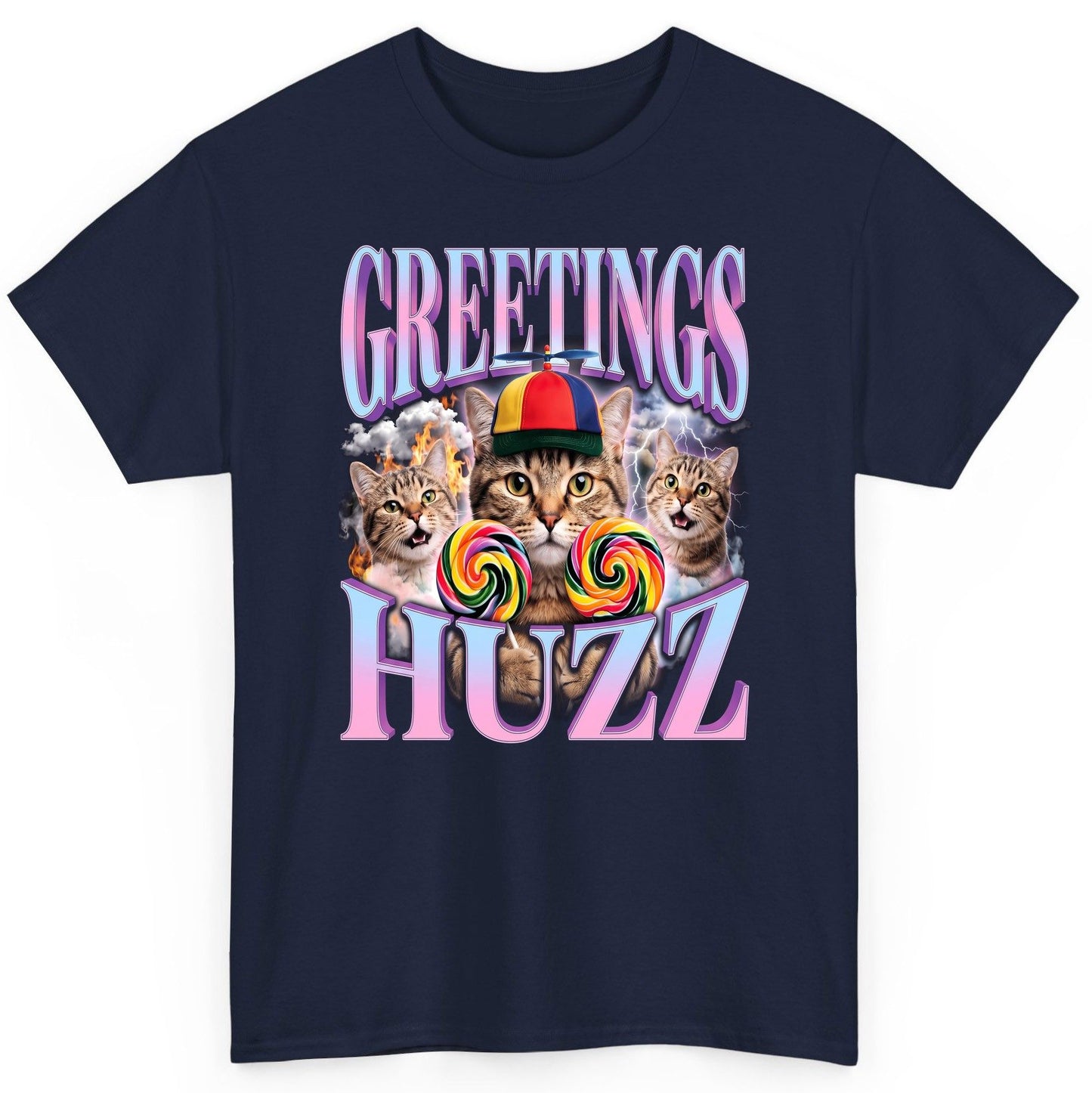 Greetings Huzz Funny Cats T-Shirt - product mockup - Navy