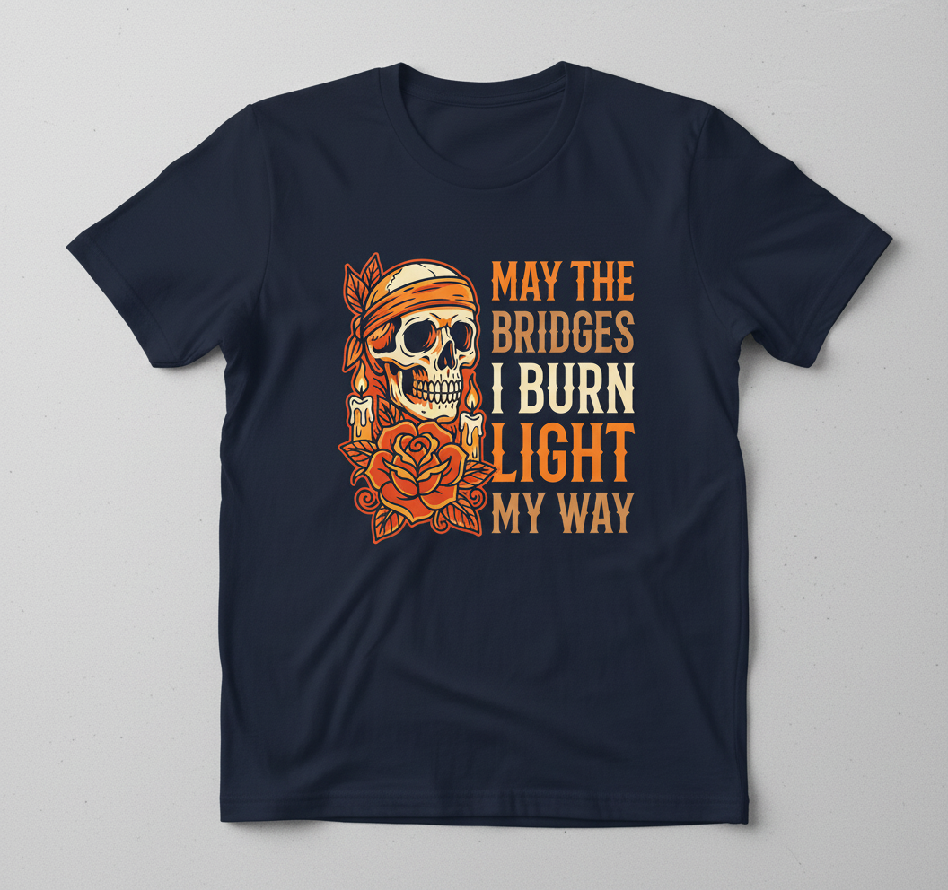 May The Bridges I Burn Light My Way Skull and Rose Tattoo Art T-Shirt - Navy