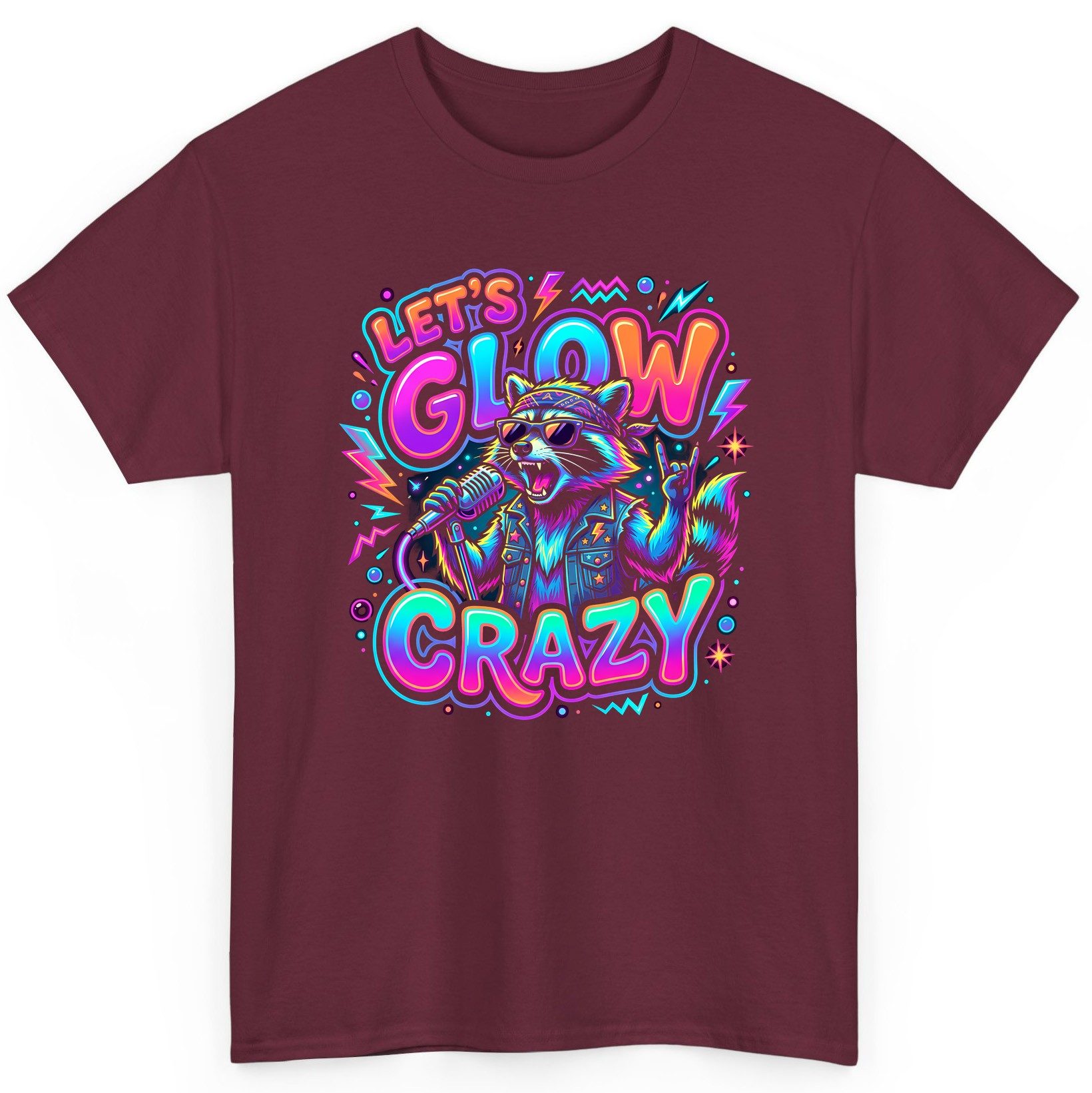 Let's Glow Crazy Funny Rockstar Raccoon T-Shirt - product mockup - Maroon