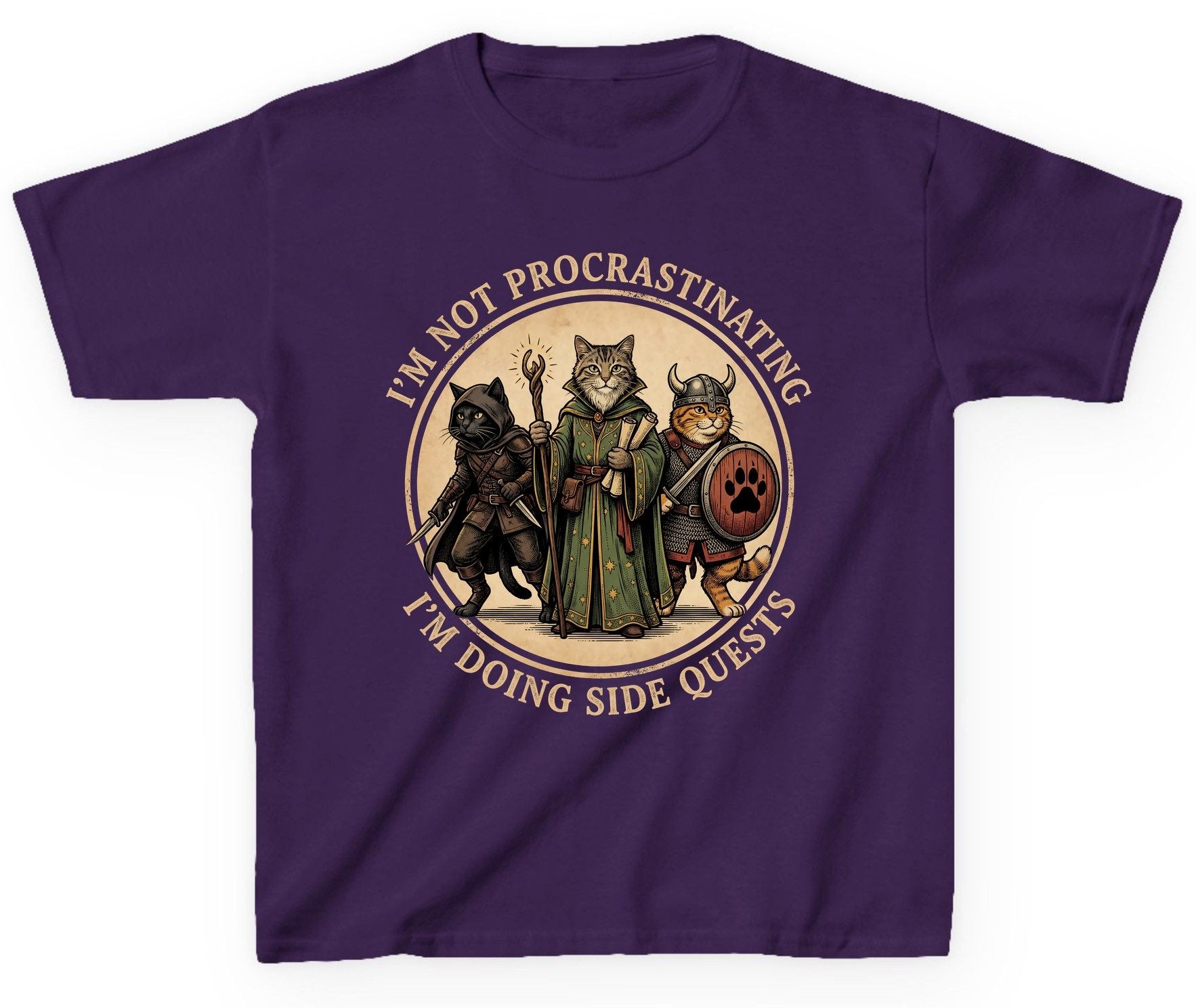 I'm Not Procrastinating I'm Doing Side Quests rpg cats Youth T-Shirt Purple product mockup