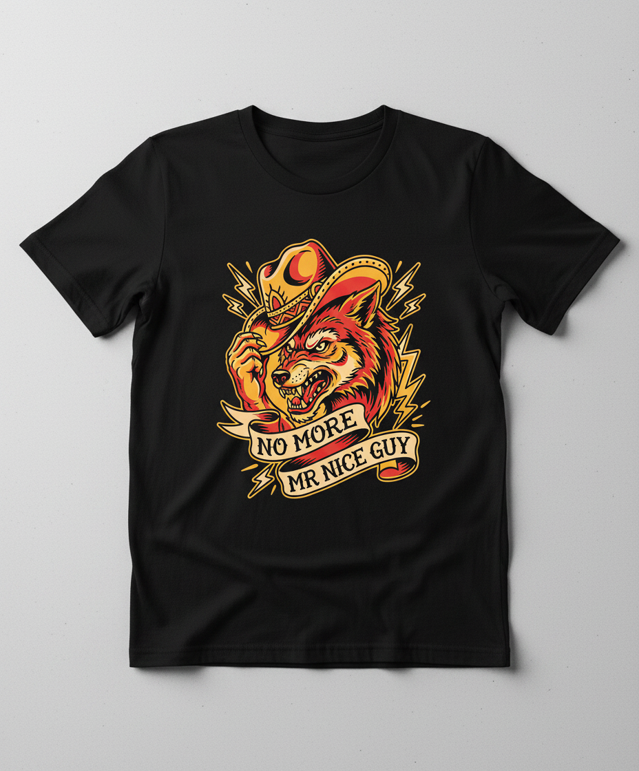 No More Mr Nice Guy Wolf Cowboy Tattoo Art T-Shirt - Black