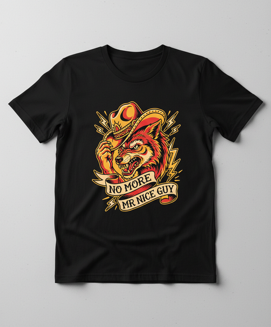 No More Mr Nice Guy Wolf Cowboy Tattoo Art T-Shirt - Black