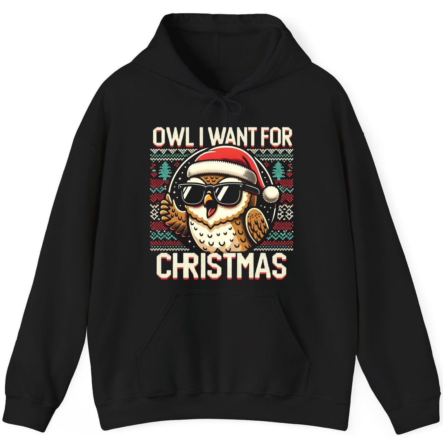 Owl I Want for Christmas Christmas owl Hoodie Black product mockup