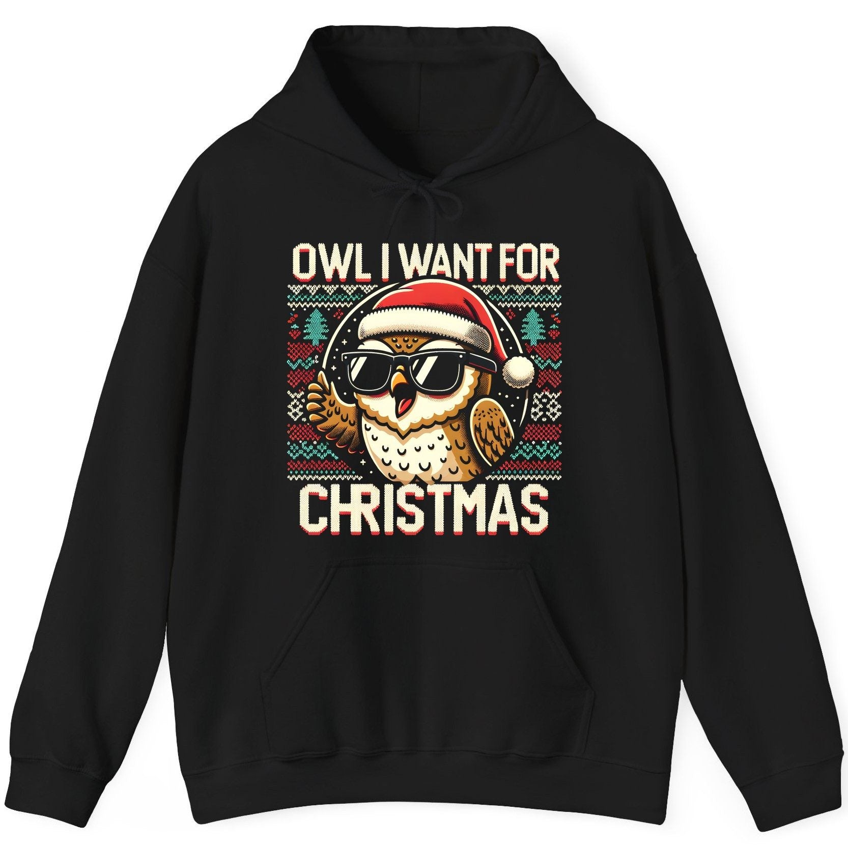 Owl I Want for Christmas Christmas owl Hoodie Black product mockup