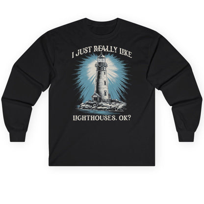 I Just Really Like Lighthouses, Ok? lighthouse Long Sleeve Tee Black product mockup