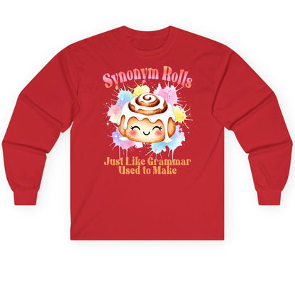 Synonym Rolls Just Like Grammar Used to Make grammar pun Long Sleeve Tee Red product mockup