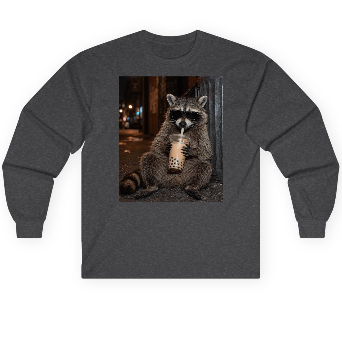 Cool Raccoon Bubble Tea Funny Lovers Long Sleeve Tee - product mockup - Dark Heather