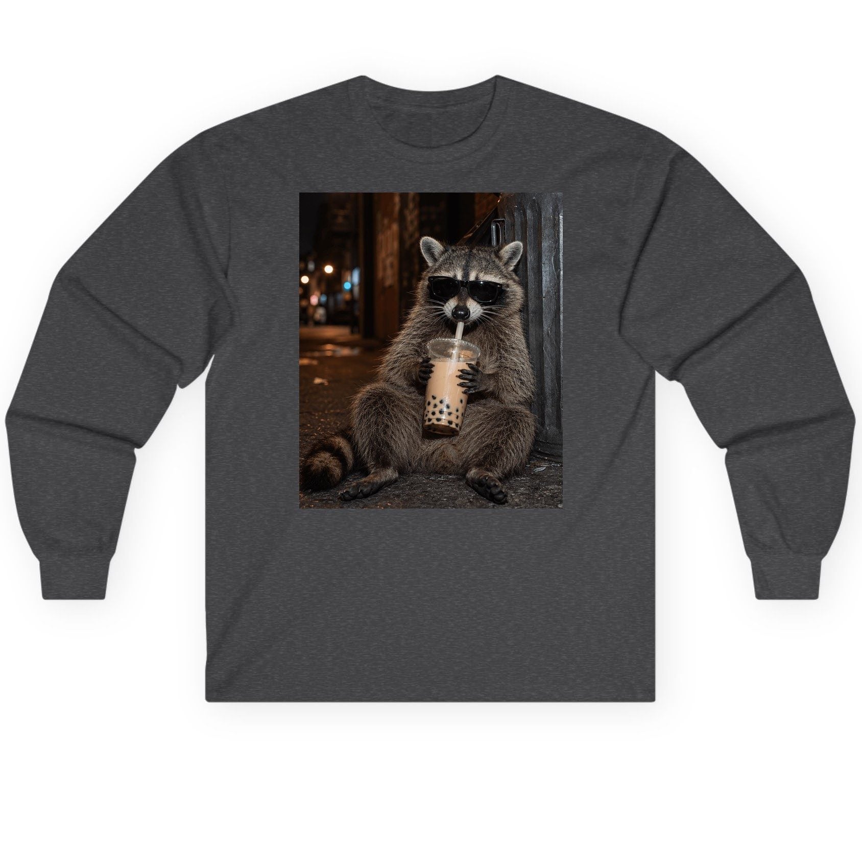 Cool Raccoon Bubble Tea Funny Lovers Long Sleeve Tee - product mockup - Dark Heather