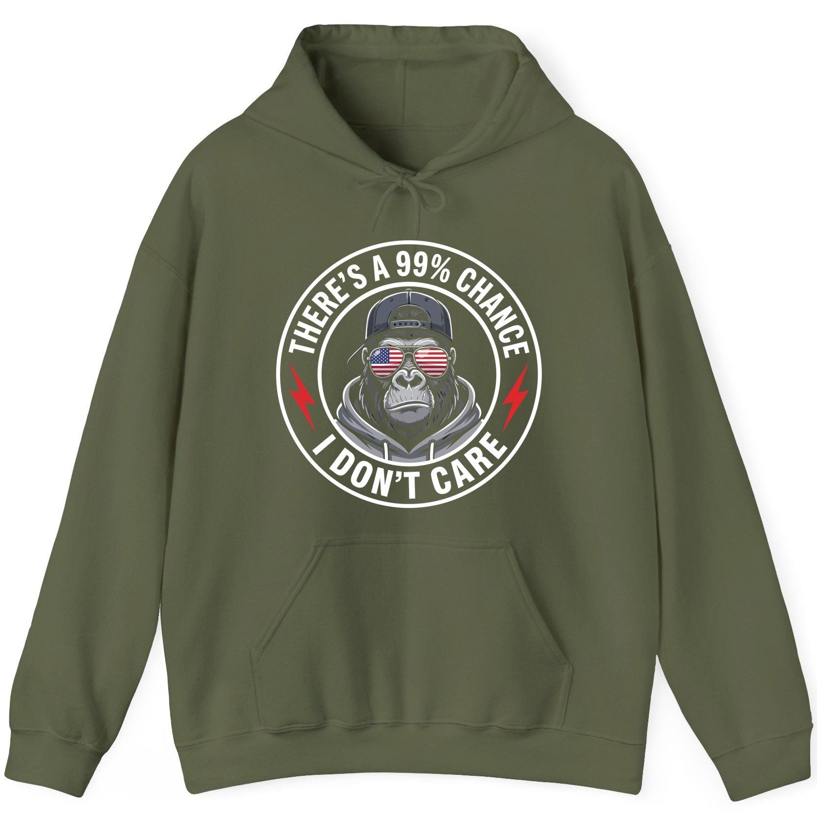 There's a 99% Chance I Don't Care sarcastic gorilla Hoodie Military Green product mockup
