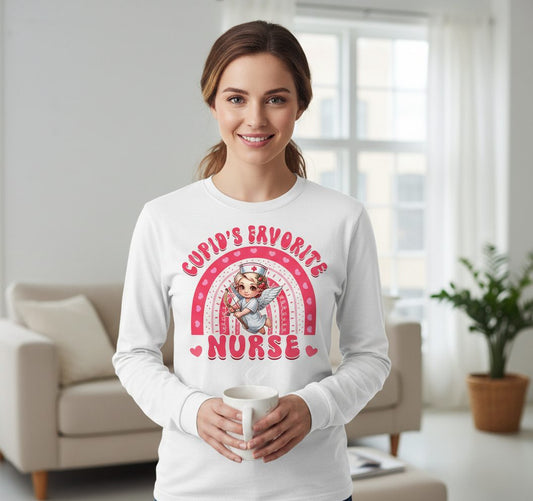 Cupid's Favorite Nurse nurse Long Sleeve Tee White lifestyle mockup