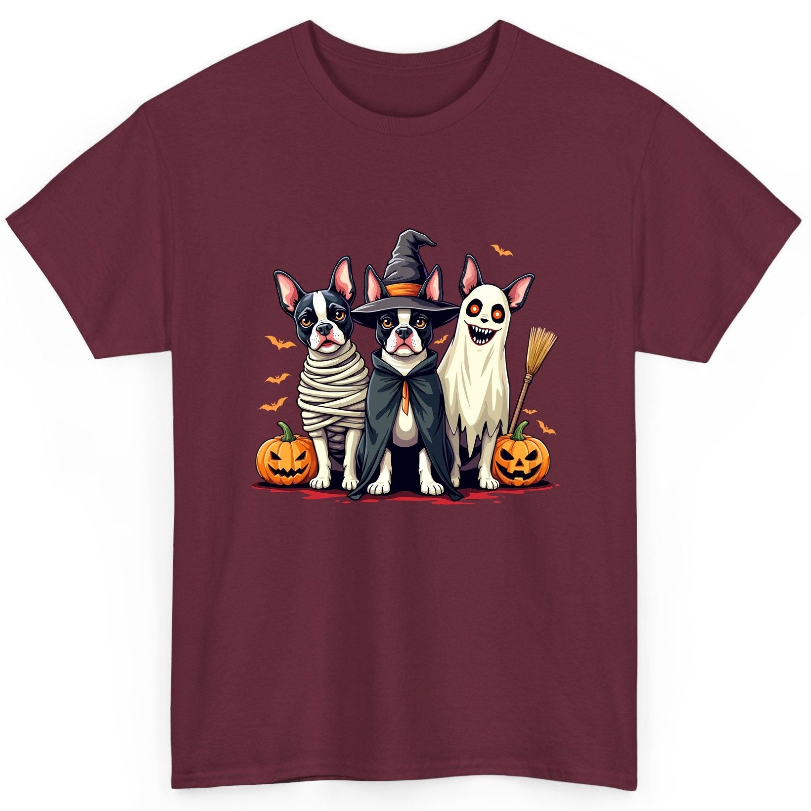 Halloween Boston Terrier Trio boston terrier T-Shirt Maroon product mockup