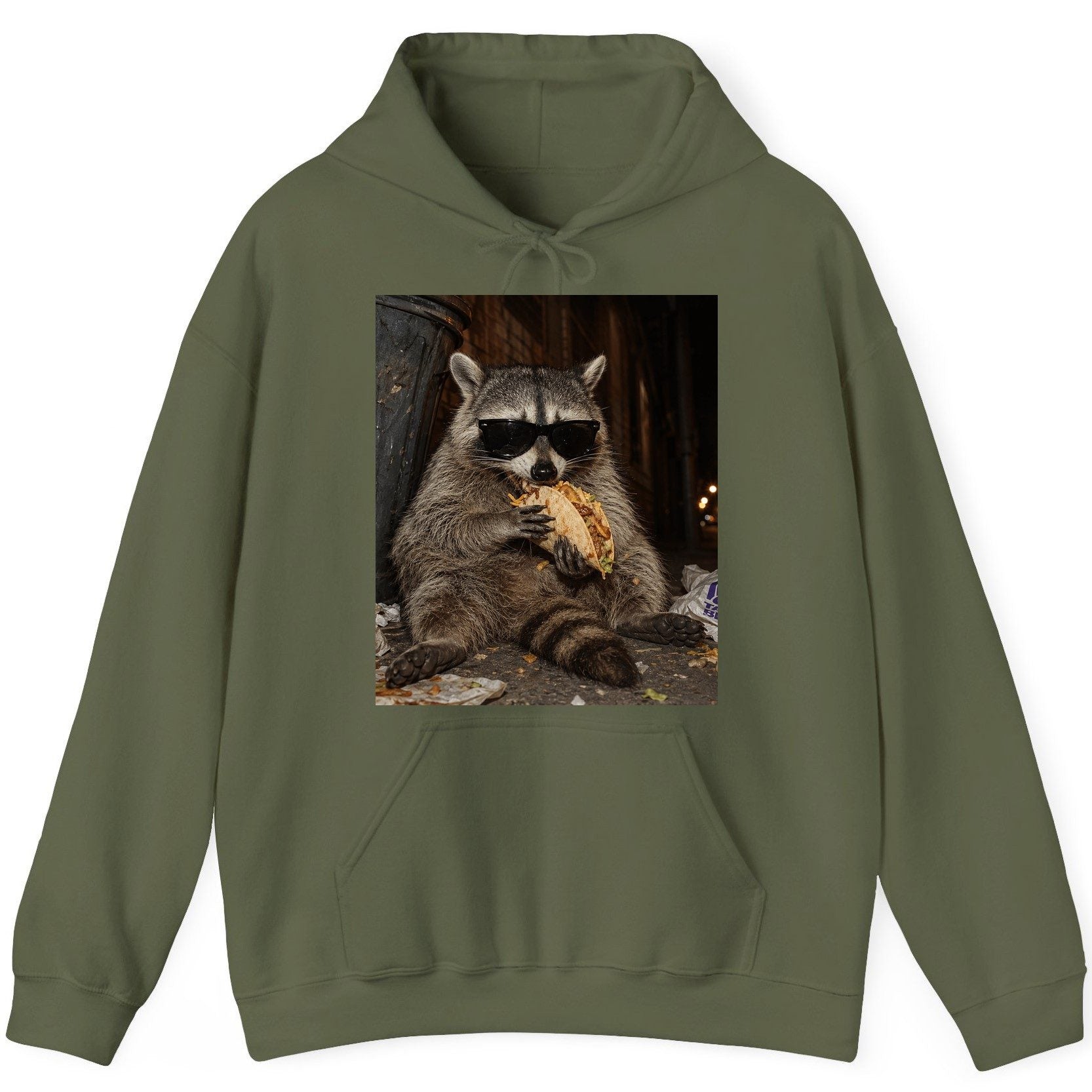 Raccoon Eating Taco Funny Animal Lovers Hoodie - product mockup - Military Green