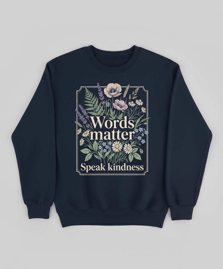 Words Matter Speak Kindness Botanical Floral Illustration Sweatshirt - Navy