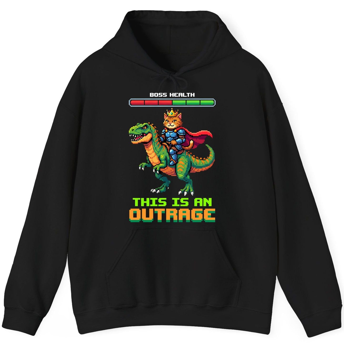 THIS IS AN OUTRAGE Cat riding a dinosaur Hoodie Black product mockup