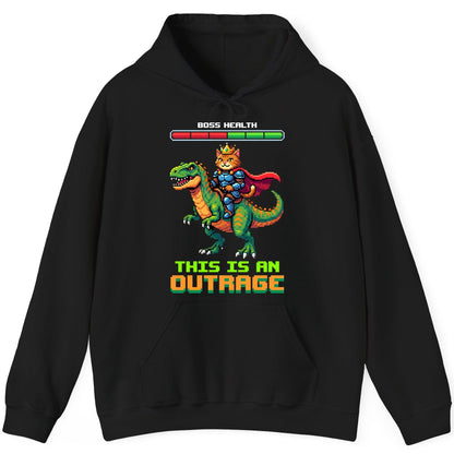 THIS IS AN OUTRAGE Cat riding a dinosaur Hoodie Black product mockup
