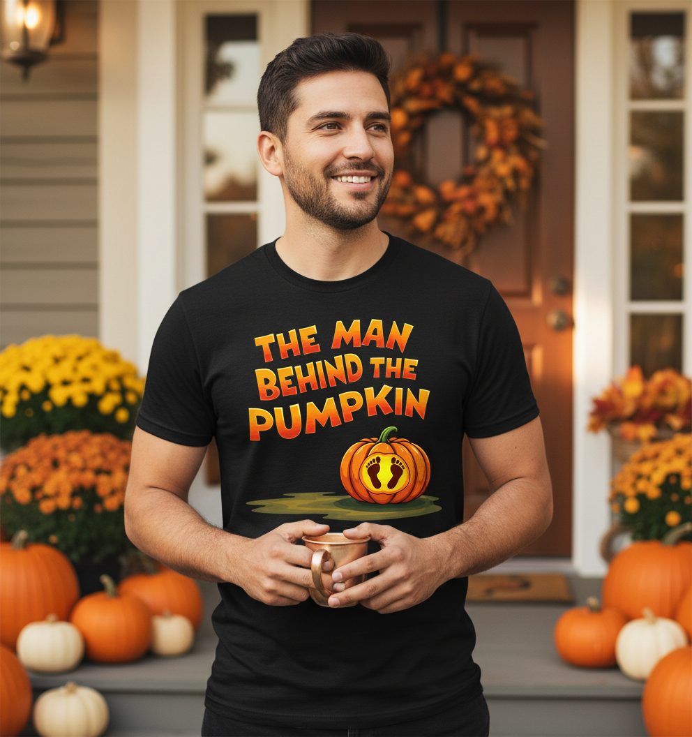 The Man Behind the Pumpkin pregnancy announcement T-Shirt Black lifestyle mockup