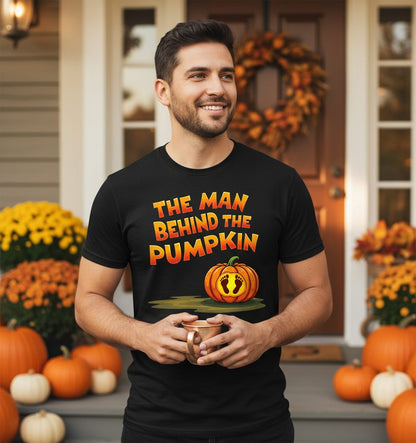 The Man Behind the Pumpkin pregnancy announcement T-Shirt Black lifestyle mockup