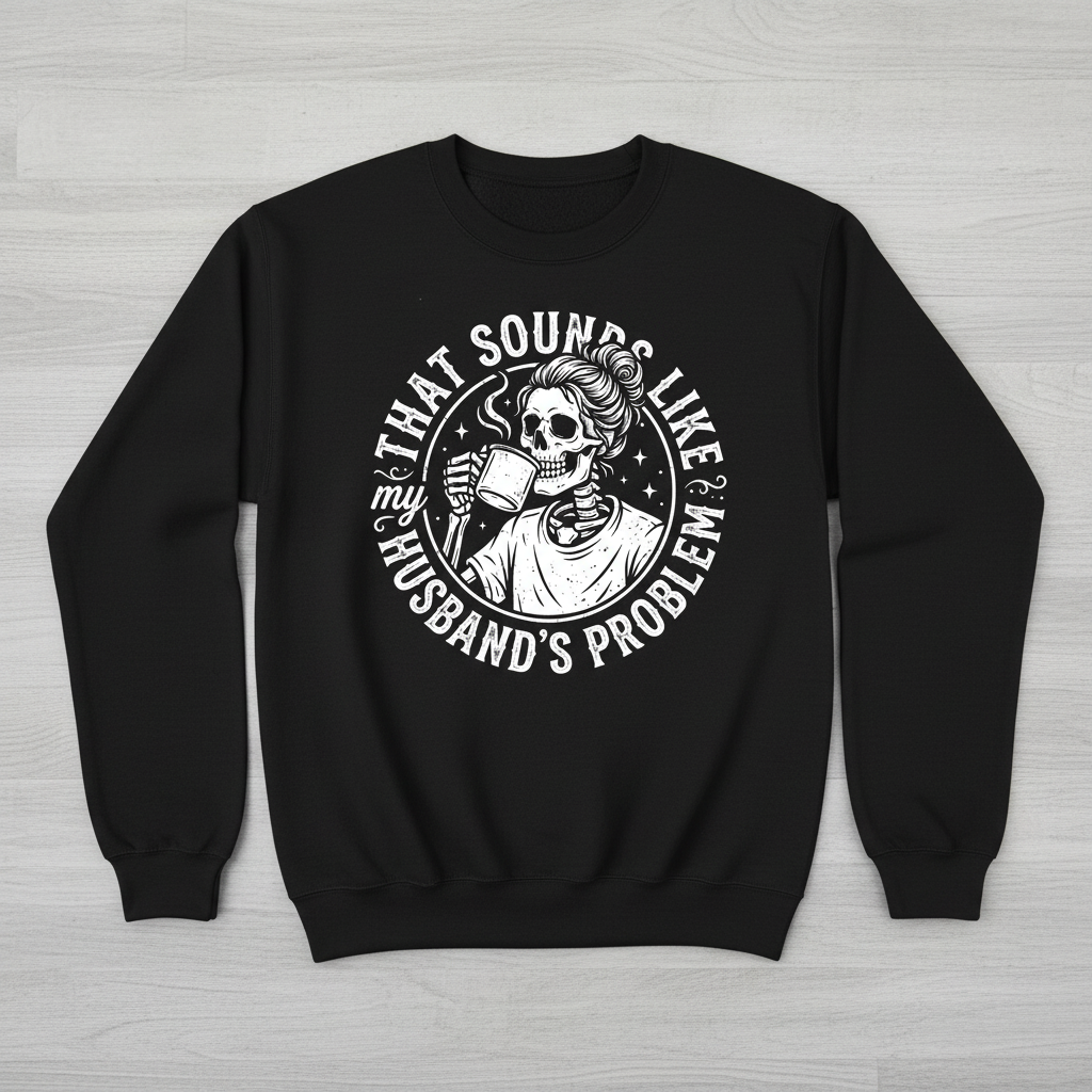 Skeleton Wife Drinking Coffee 'Husband's Problem' Design Sweatshirt - Black