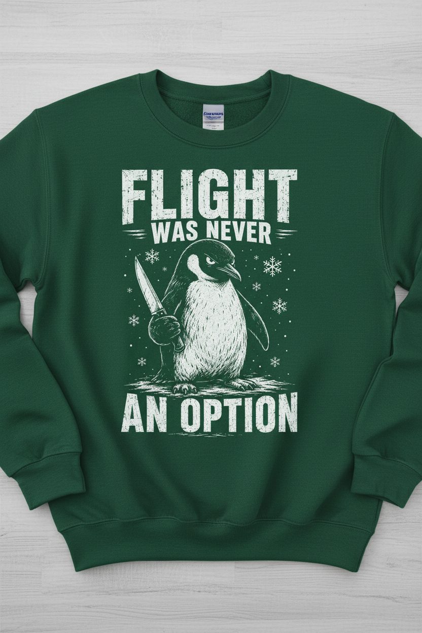 Flight Was Never an Option Funny Penguin Sweatshirt - product mockup - Forest Green